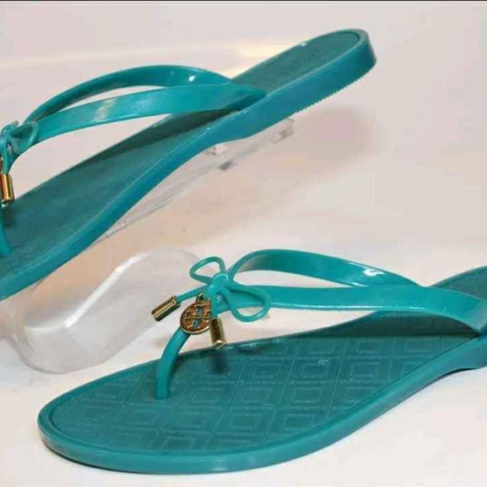 Tory Burch Designer Womens Teal Blue Jelly Bow Thongs Flip Flops Sandals Size 7